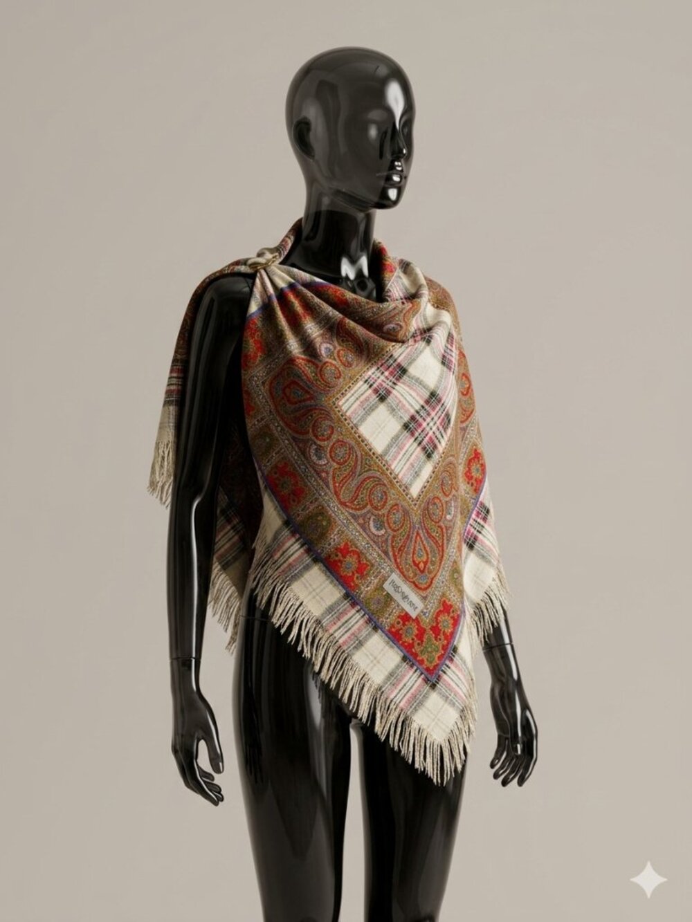 Vintage YVES SAINT LAURENT Fringed Scarf Shawl Paisley Plaid Metallic 33"x 35"
